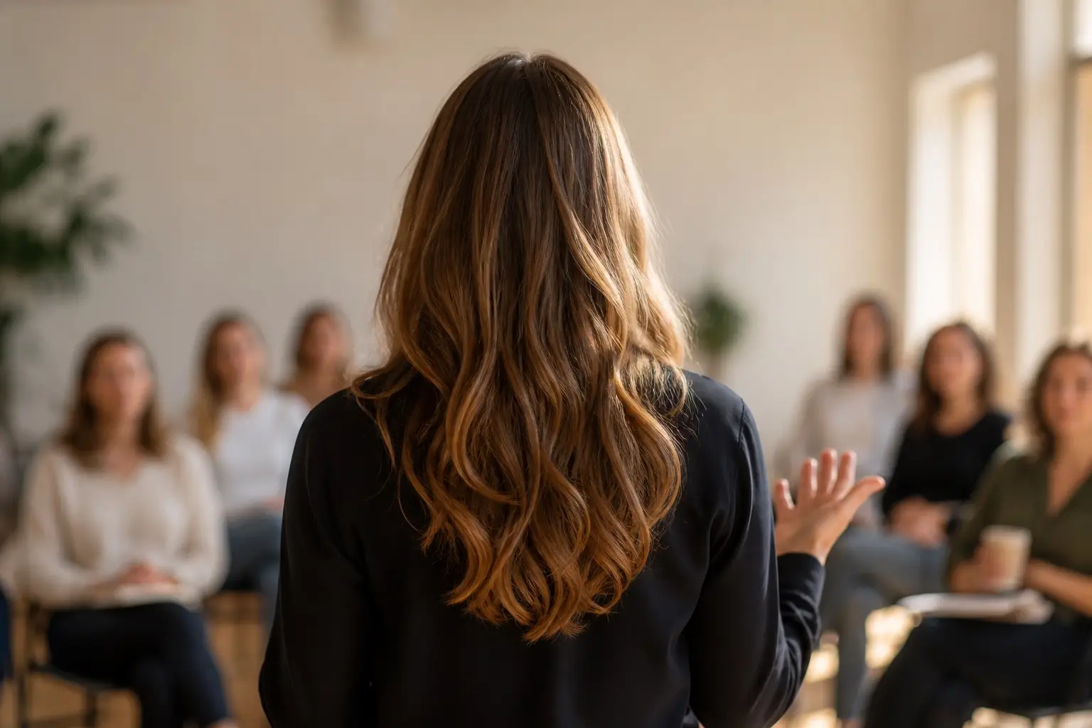 Mujer de espaldas dando una charla o ponencia