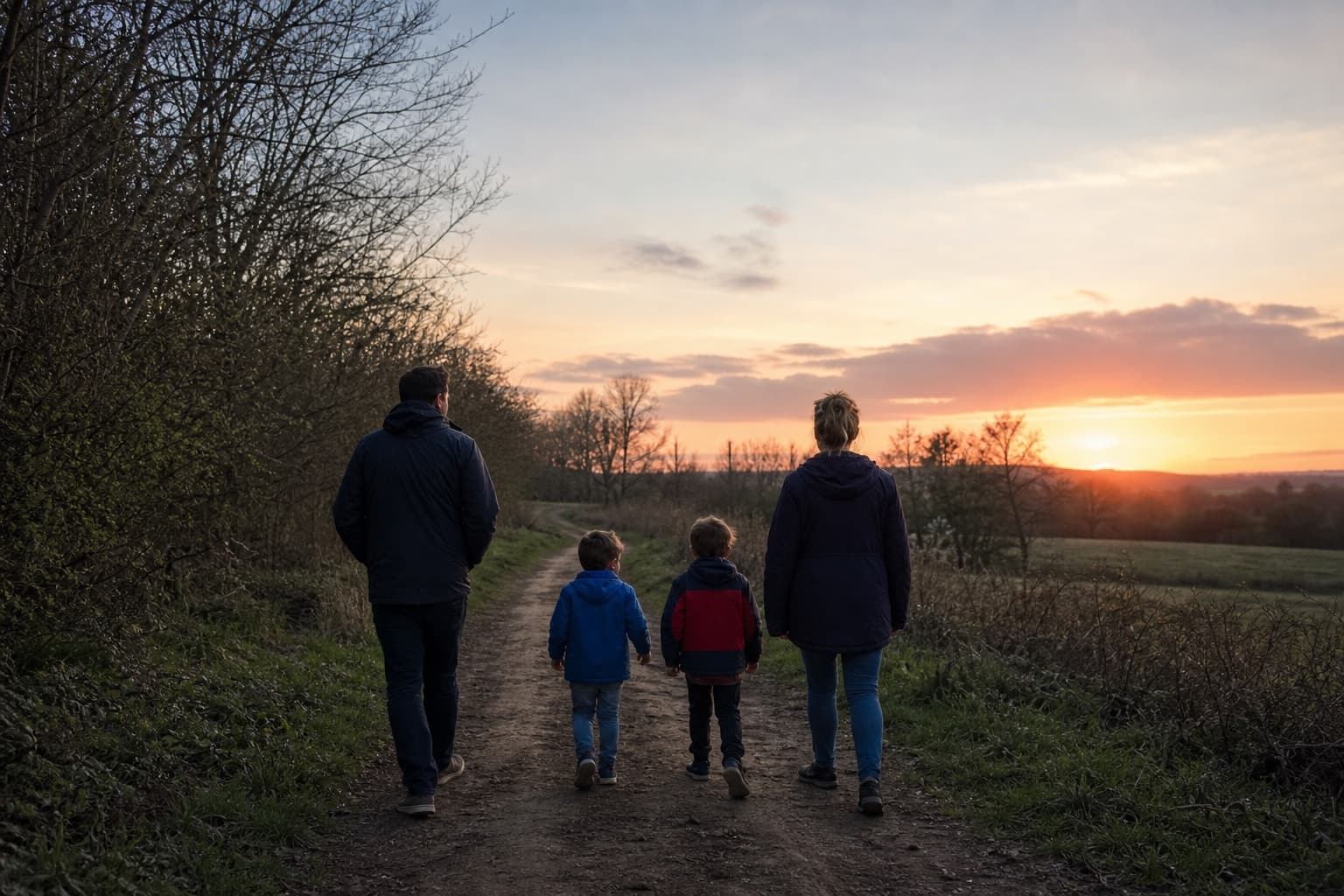 Familia caminando juntas por un camino al atardecer