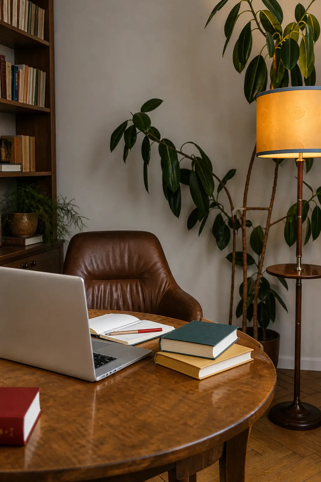 Espacio de trabajo cálido con escritorio, cuaderno y lámpara